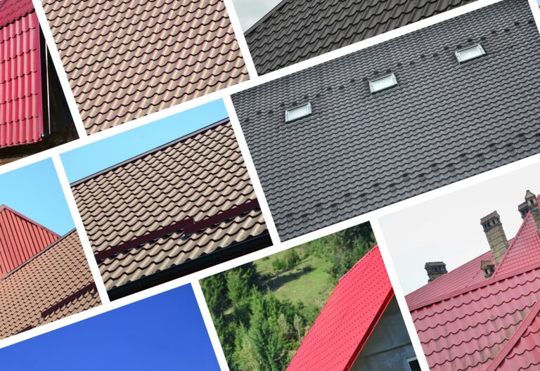 A collage of many pictures with fragments of various types of roofing. Set of images with roofs